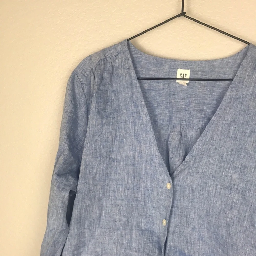 GAP blue linen blend tie front romper